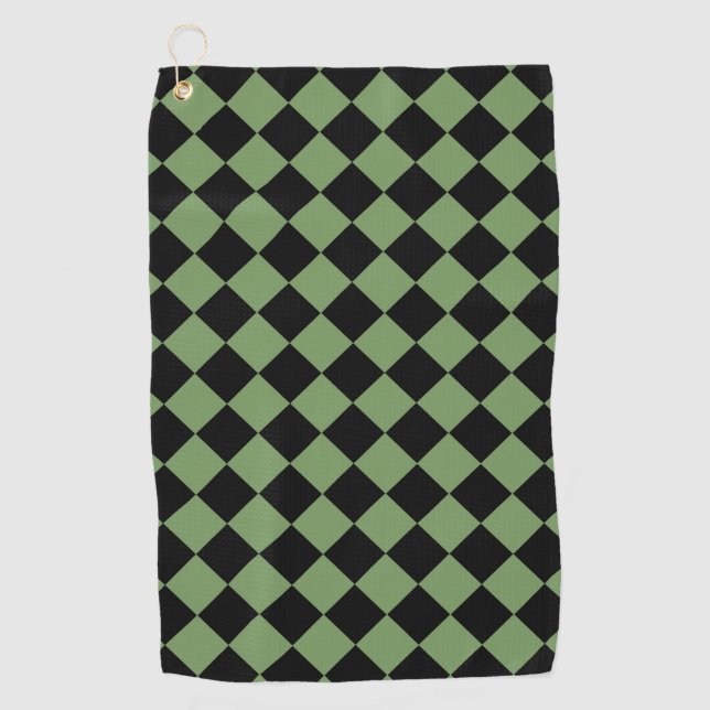 Green Black Chequered Diamond Pattern Golf Towel (Front)