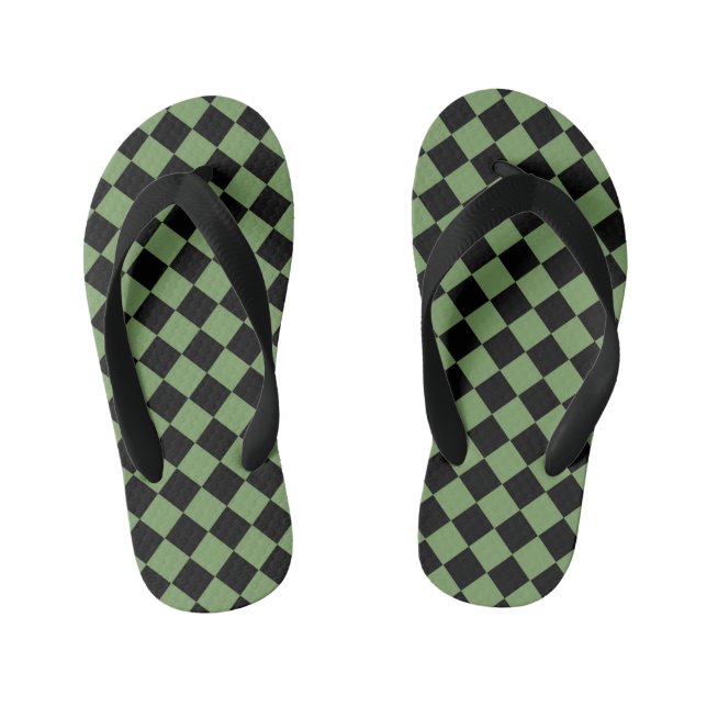 Green Black Chequered Diamond Pattern  Kid's Flip Flops (Footbed)
