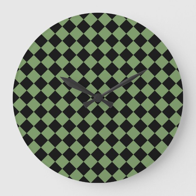 Green Black Chequered Diamond Pattern Large Clock (Front)