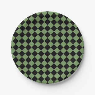 Green Black Chequered Diamond Pattern Paper Plate