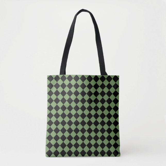 Green Black Chequered Diamond Pattern Shoulder Tote Bag (Front)