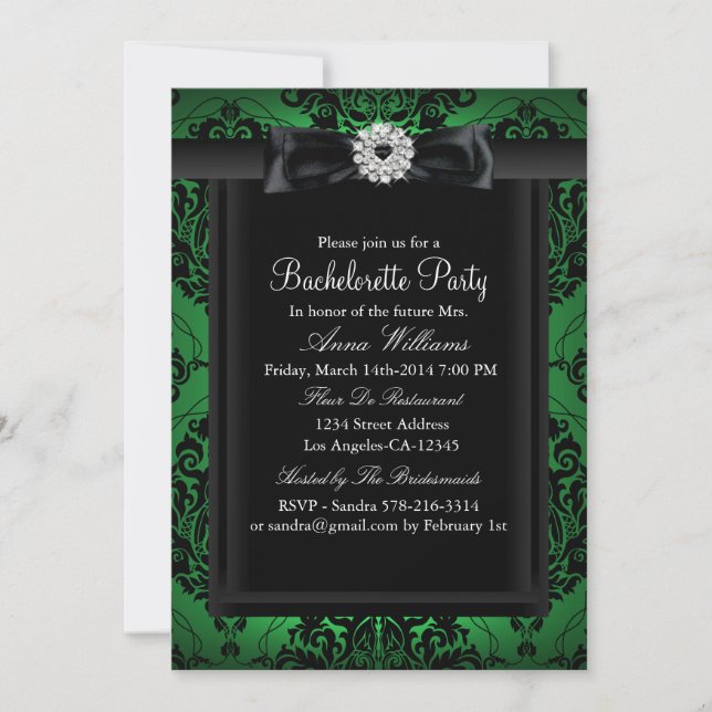 Green & Black Chic Damask Bachelorette Party Invitation (Front)