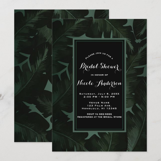 Green & Black Chic Tropical Leaves Bridal Shower Invitation (Front/Back)