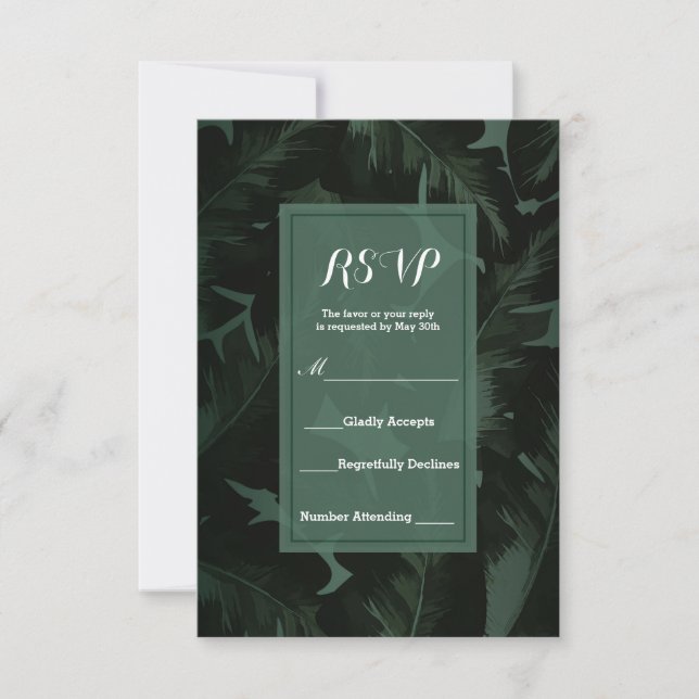 Green & Black Chic Tropical Leaves RSVP Reply Card (Front)