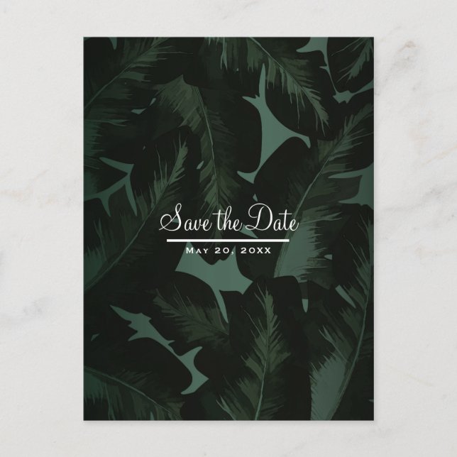 Green & Black Chic Tropical Leaves Save the Date Announcement Postcard (Front)