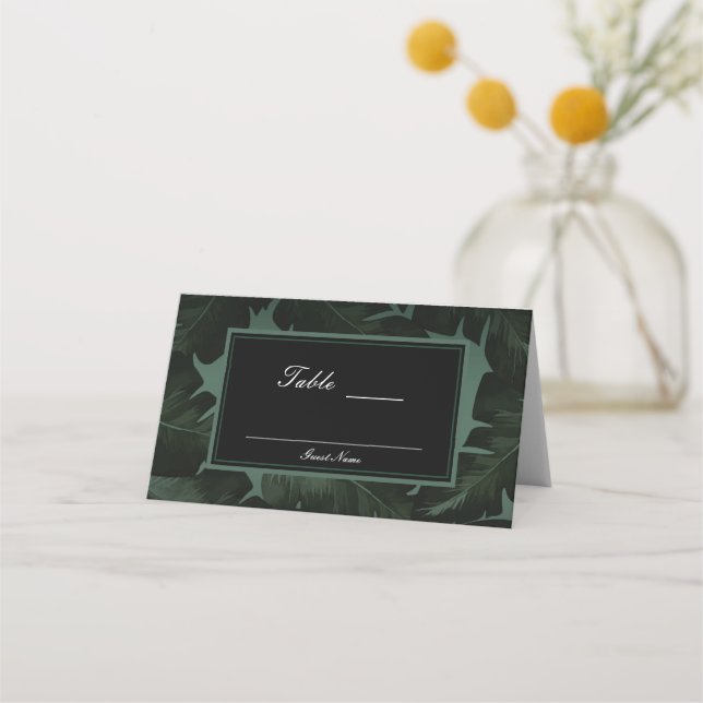 Green & Black Chic Tropical Leaves Table Seating Place Card (Back)