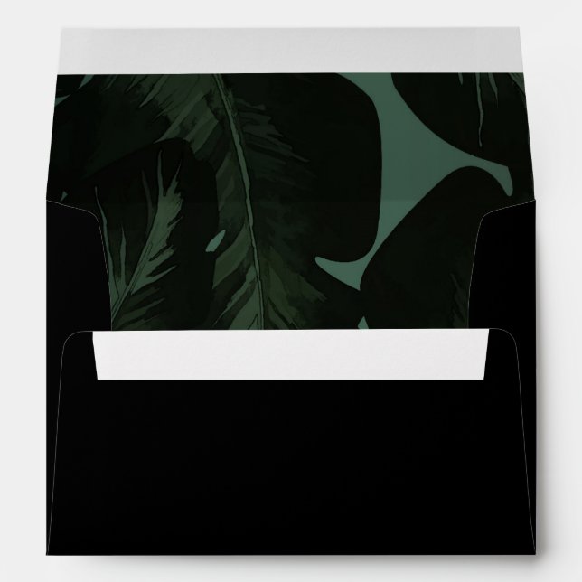 Green & Black Chic Tropical Leaves Wedding Envelope (Back (Bottom))