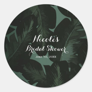 Green & Black Chic Tropical Leaves Wedding Favour Classic Round Sticker