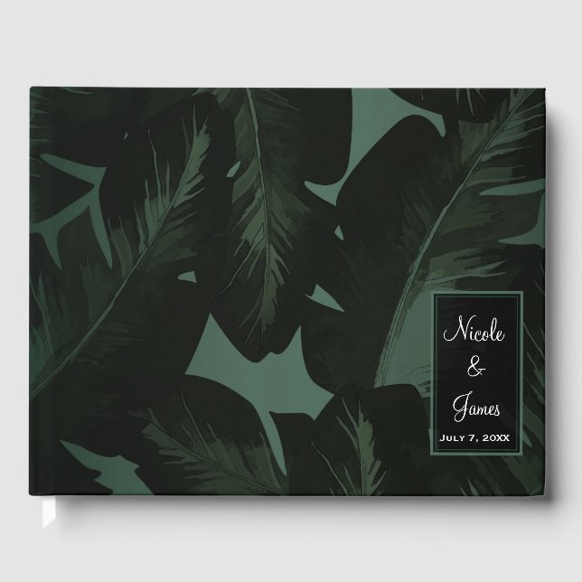 Green & Black Chic Tropical Leaves Wedding Guest Book (Front)