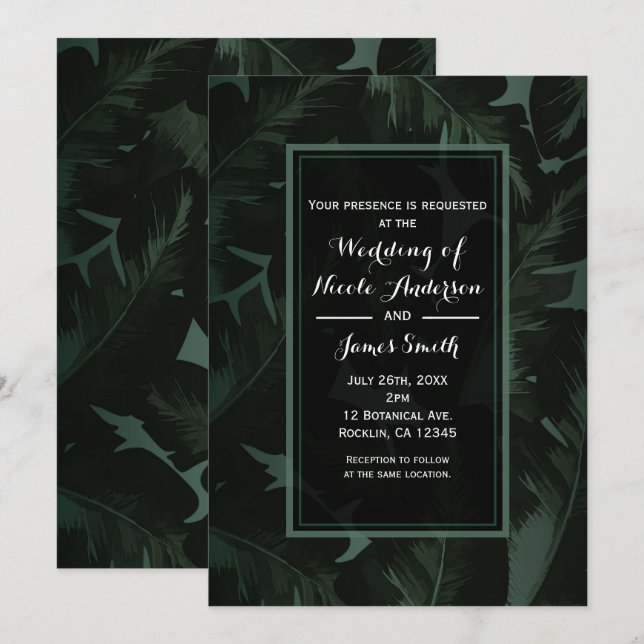 Green & Black Chic Tropical Leaves Wedding Invitation (Front/Back)