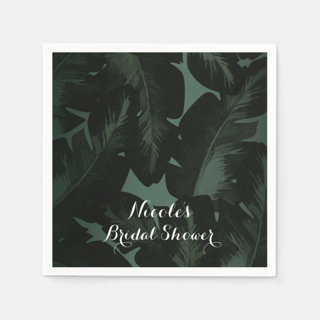 Green & Black Chic Tropical Leaves Wedding Napkin (Front)