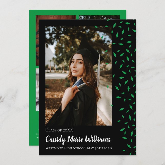 Green Black Confetti Graduation Announcement (Front/Back)