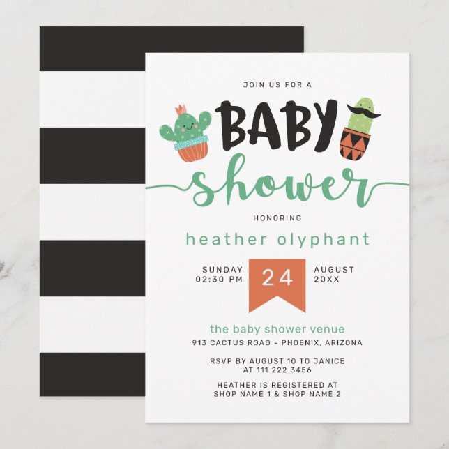 Green Black Cool Cactus Baby Shower Invitation (Front/Back)