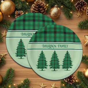 Green Black Cosy Tartan Pine Trees Paper Plate
