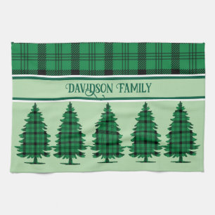 Green Black Cosy Tartan Pine Trees Tea Towel