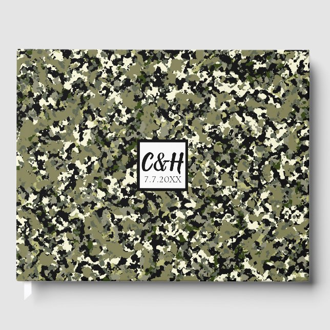 Green Black Cream Camouflage Wedding Guest Book (Front)