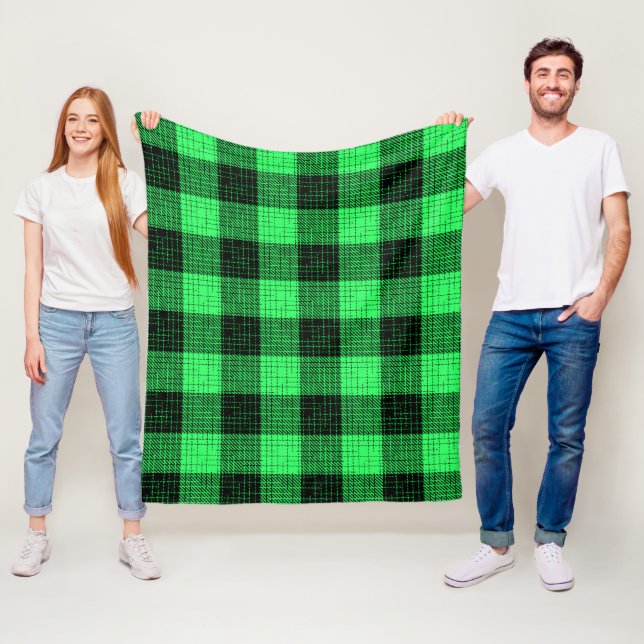  Green Black Crosshatch Buffalo Check Fleece Blanket (In Situ)