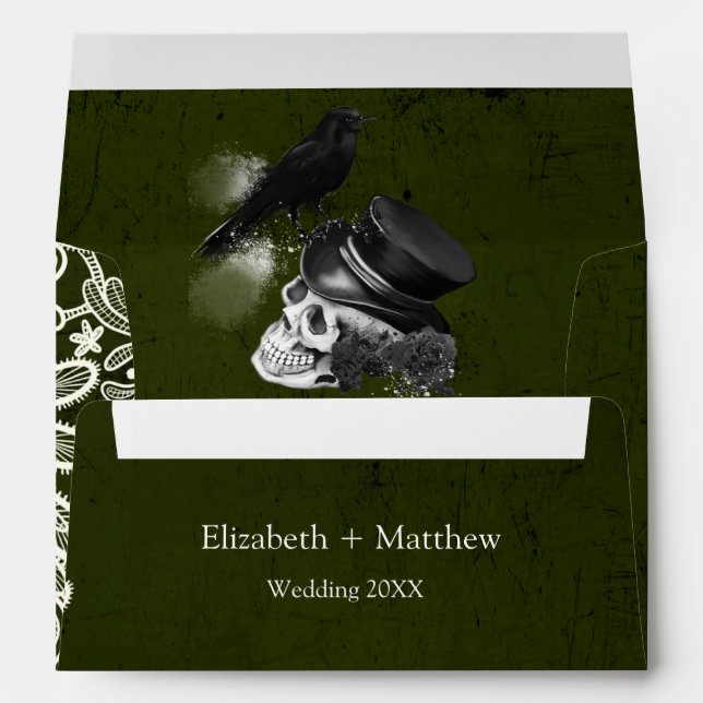 Green Black Crow Skull Roses Lace Gothic Wedding Envelope (Back (Bottom))