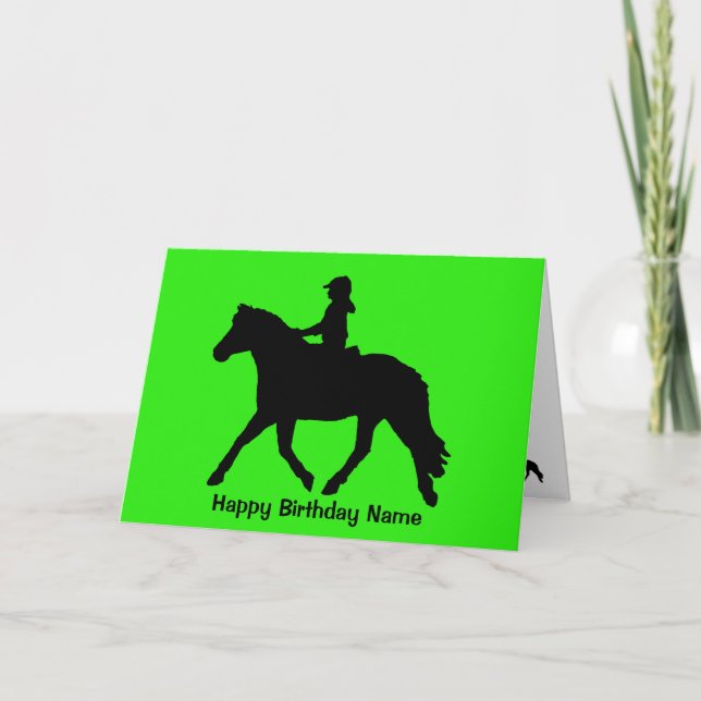 Green Black Cute Pony Rider Silhouette Birthday Card (Front)