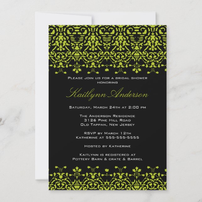 Green & Black Damask Bridal Shower Invitation (Front)