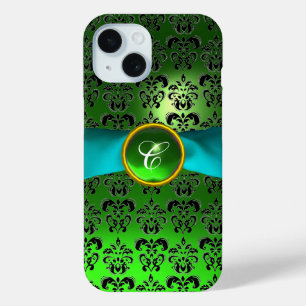 GREEN BLACK DAMASK GEM MONOGRAM Aqua Blue Ribbon iPhone 15 Case