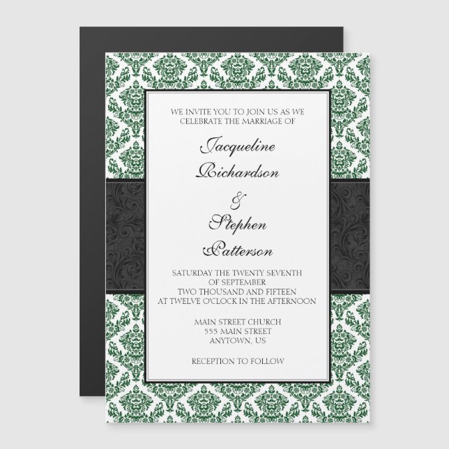 Green Black Damask Magnetic Wedding Invites (Front/Back)
