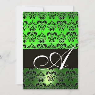 GREEN  BLACK  DAMASK MONOGRAM ,bright white Invitation