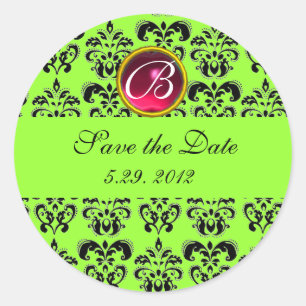 GREEN BLACK DAMASK MONOGRAM ,red ruby Classic Round Sticker