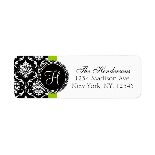 Green Black Damask Monogram Wedding Address Label (Front)
