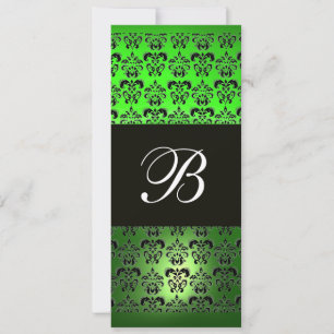 GREEN BLACK  DAMASK MONOGRAM ,white emerald Invitation