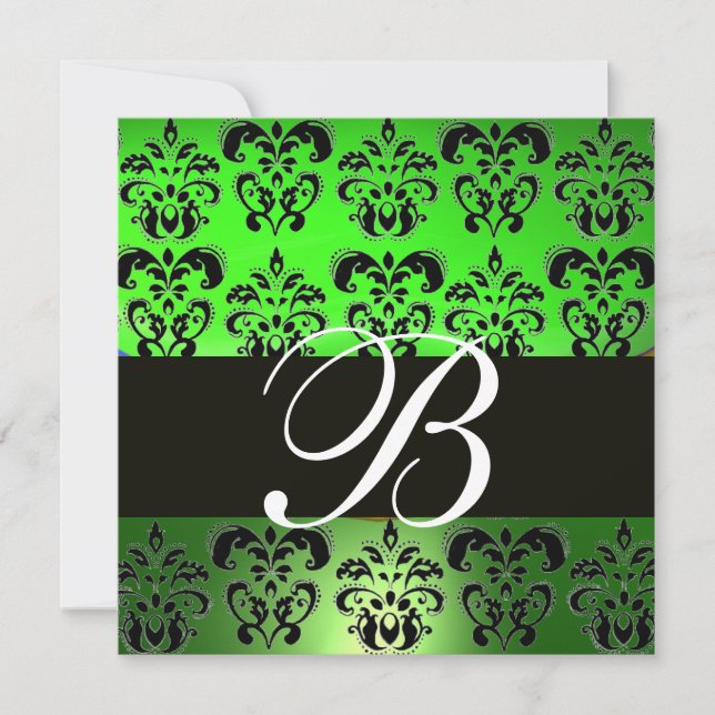 GREEN BLACK  DAMASK MONOGRAM , white Invitation (Front)