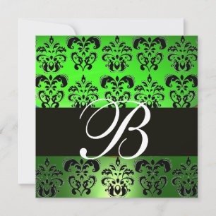 GREEN BLACK  DAMASK MONOGRAM , white Invitation