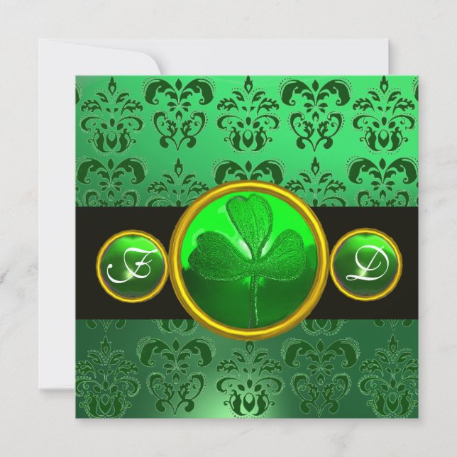 GREEN BLACK DAMASK ,SHAMROCK MONOGRAM INVITATION (Front)