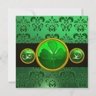GREEN BLACK DAMASK ,SHAMROCK MONOGRAM INVITATION
