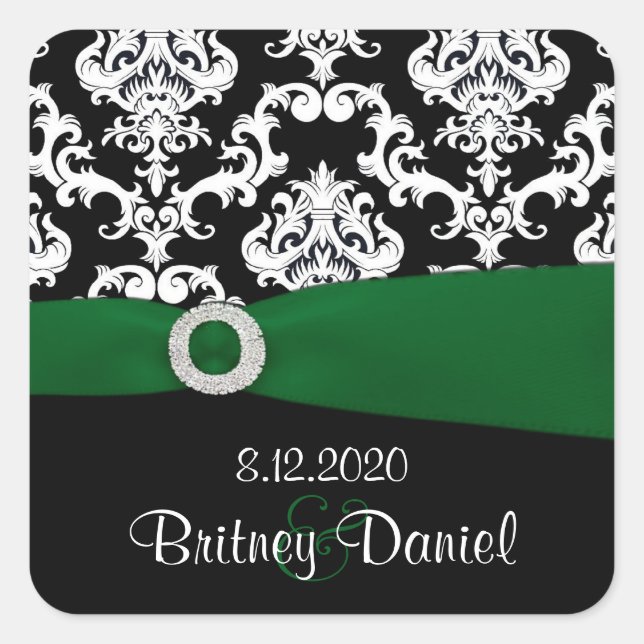 Green & Black Damask Wedding Envelope Seals (Front)