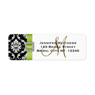 Green Black Damask Wedding RSVP Address Label