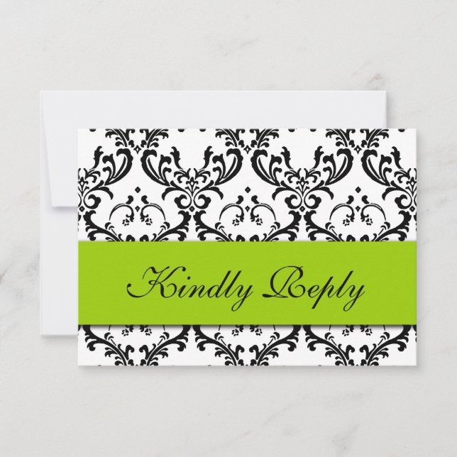 Green Black Damask Wedding RSVP Card (Front)
