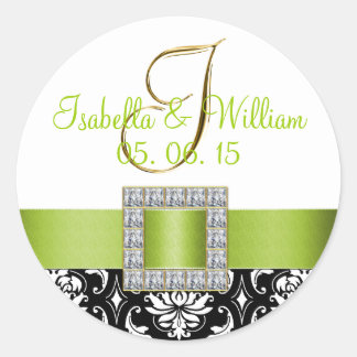 Green Black Damask Wedding Sticker | Initial