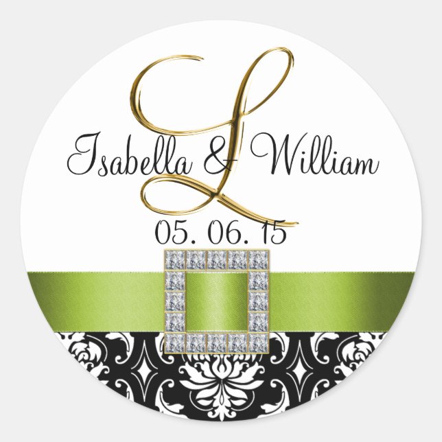 Green Black Damask Wedding Sticker | Initial L (Front)