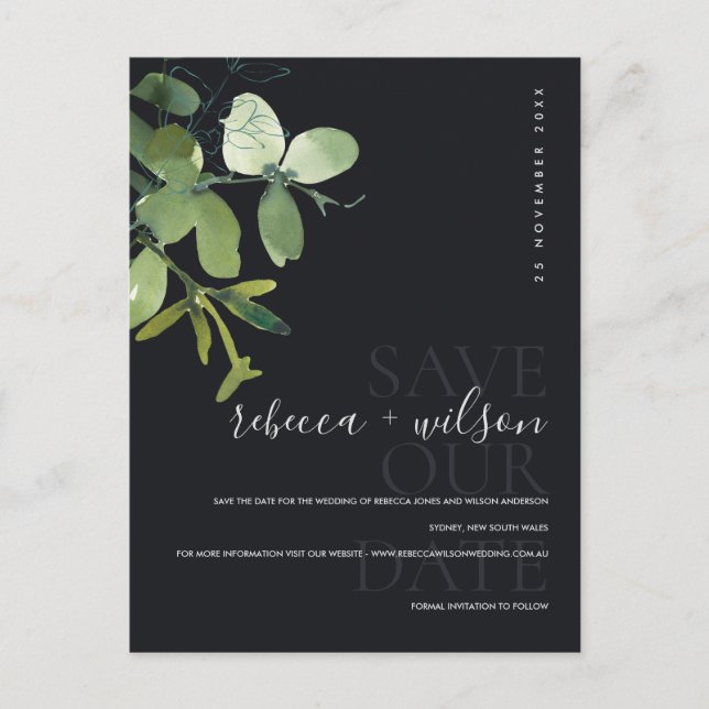 GREEN BLACK EUCALYPTUS WATERCOLOR SAVE THE DATE ANNOUNCEMENT POSTCARD (Front)