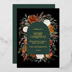 Green black floral arch modern Christmas Foil Holiday Card