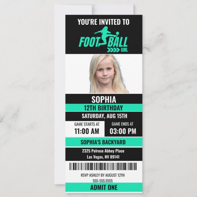 Green Black Football Ticket Birthday Photo Invitation (Front)