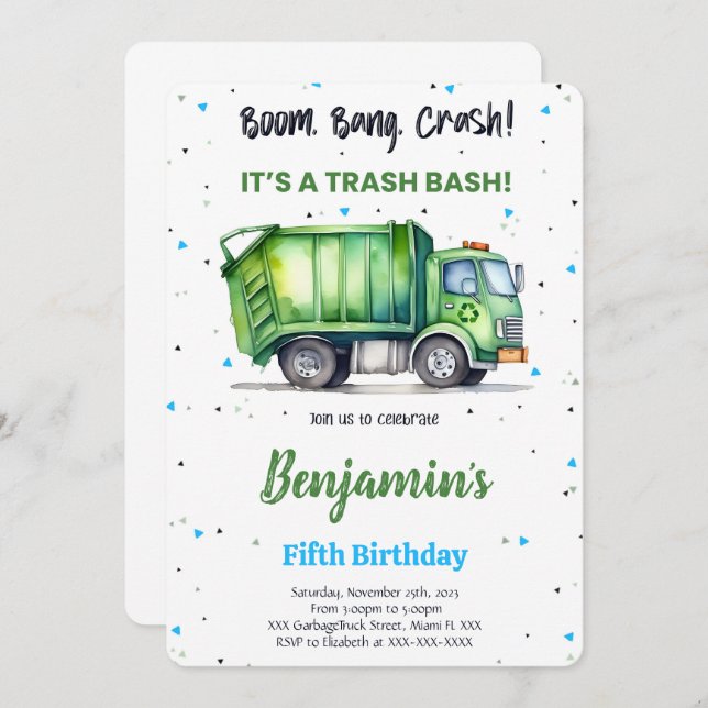 Green & Black Garbage Truck  Invitation (Front/Back)
