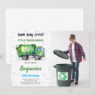 Green & Black Garbage Truck Photo Invitation