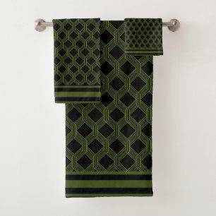 Green Black Geometric Pattern Bath Towel Set