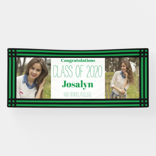 Green Black Geometric Two Photos Graduation Banner (Horizontal)