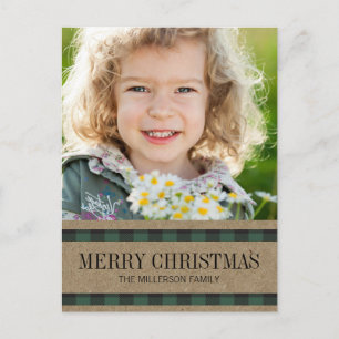 Green Black Gingham Kraft Merry Christmas Photo Postcard