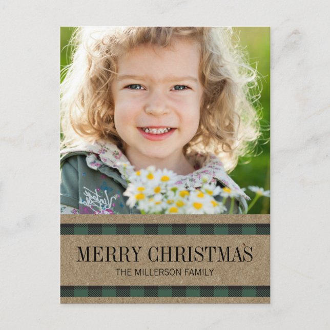 Green Black Gingham Kraft Merry Christmas Photo Postcard (Front)
