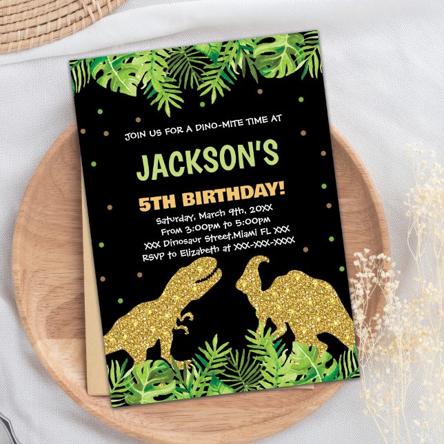 Green Black Glitter Dinosaur Birthday Invitations (Green Black Glitter Dinosaur Birthday Invitations)