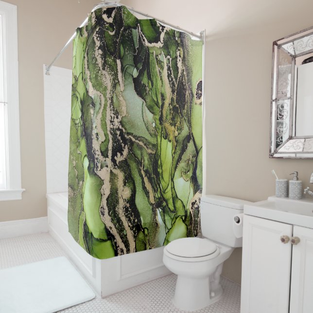 Green Black Gold Deluxe Abstract  Art Shower Curtain (In Situ)